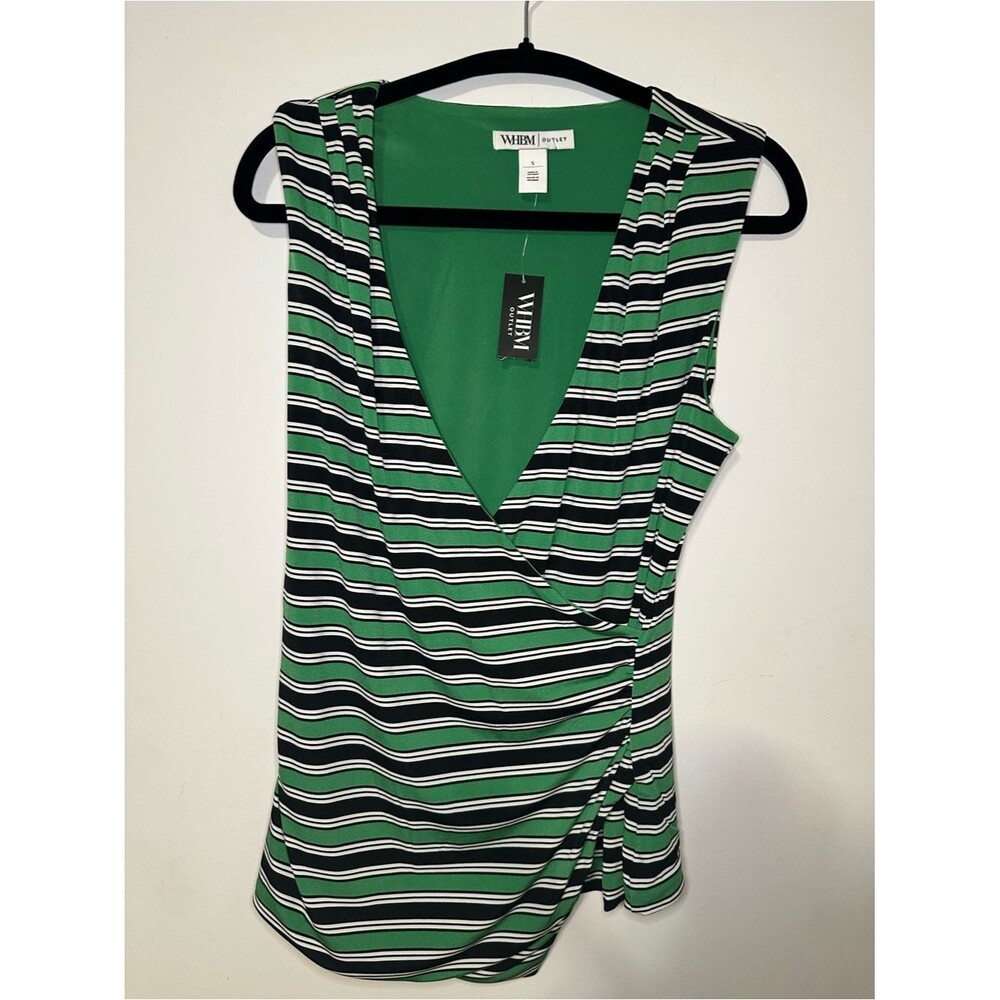 White House Black Market Striped Wrap Top SZ Small V Neck Pull On Black/Green